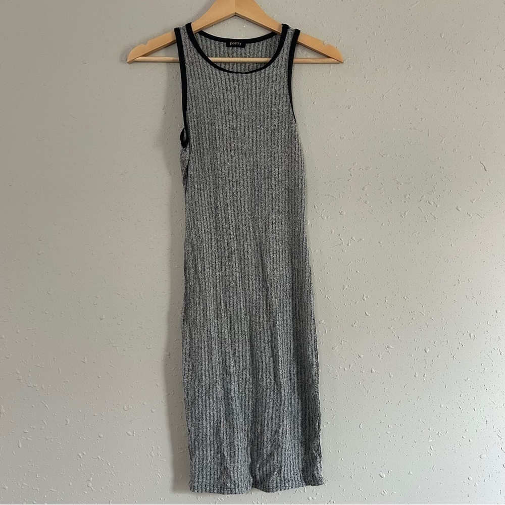 🦋 Poetry Grey Ribbed Midi Dress Lightweight Neutral Small Stretch